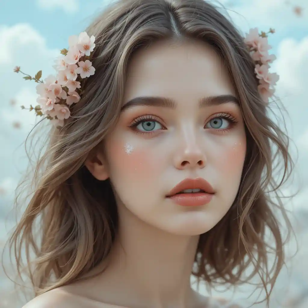 Blue eyed girl with cherry blossoms and glowing skin