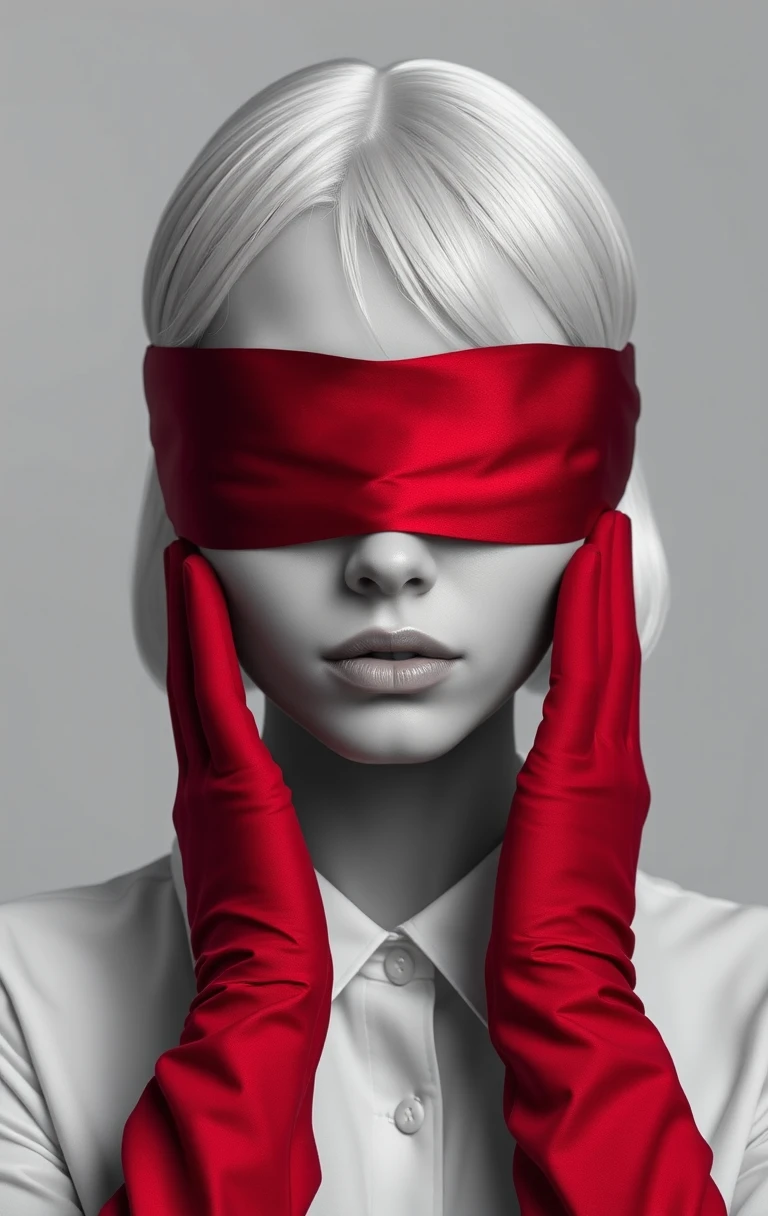 Femme aux yeux bandés dans un portrait minimaliste en noir et blanc