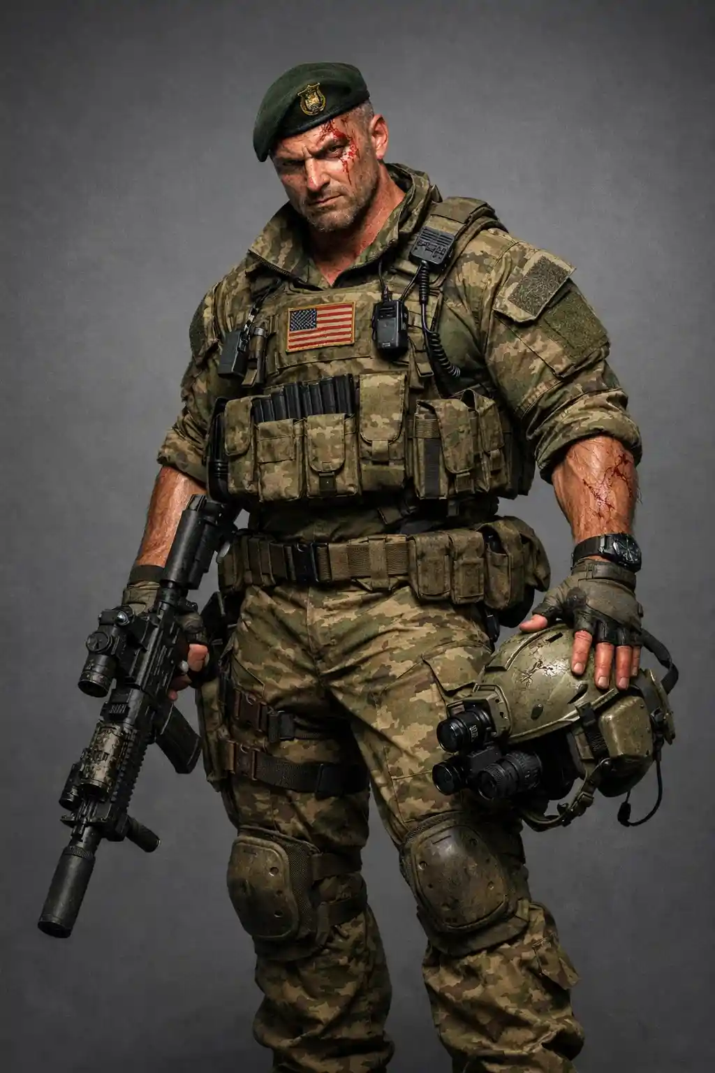 Soldado Boinas Verdes marcado pela batalha em renderização 3D de corpo inteiro