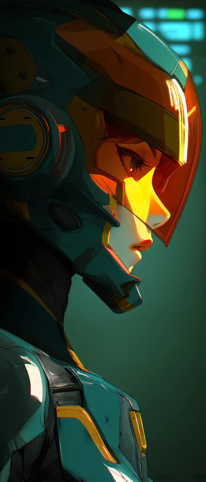 Anime-Mecha-Pilot im neonbeleuchteten Raumschiff-Cockpit im Profil