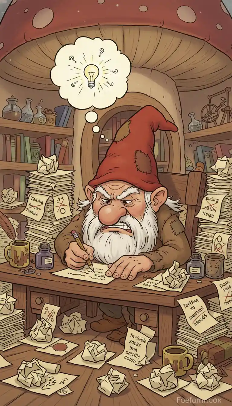 Frustrated cartoon gnome at cluttered desk of rejected ideas