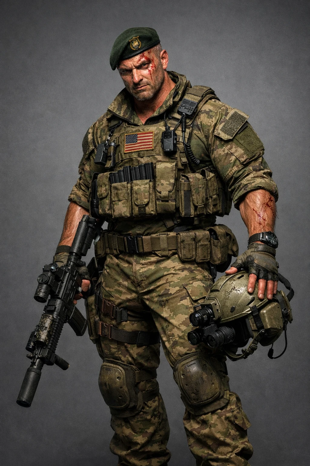 Soldado Boinas Verdes marcado pela batalha em renderização 3D de corpo inteiro