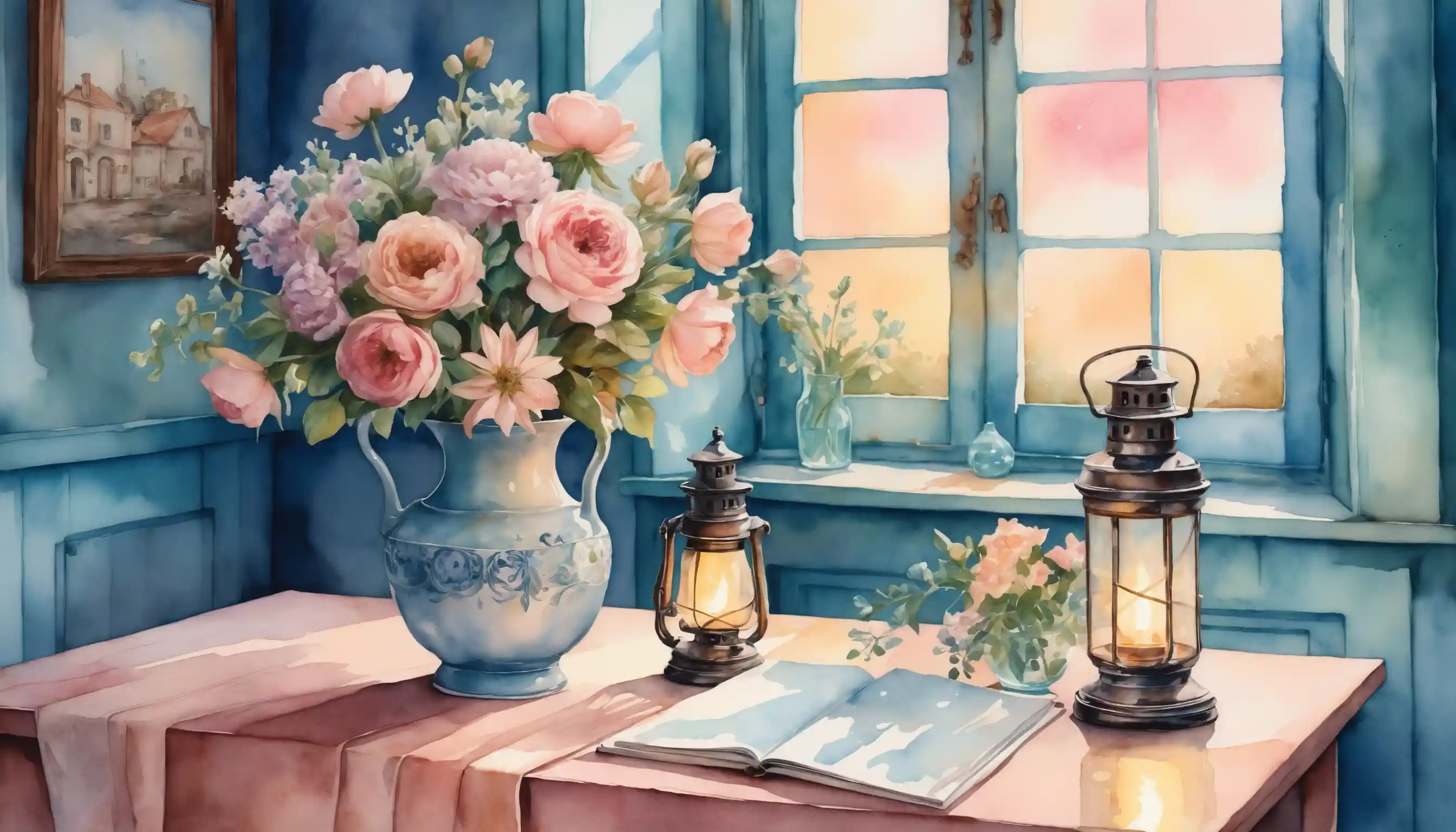 Romantischer Aquarell-Manga-Blumenstrauß neben Geschenken und Öllampe