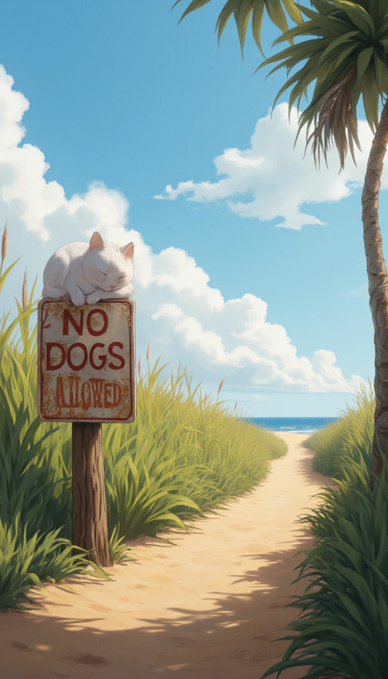 Gato branco sonolento sobre uma placa de praia sem cachorros