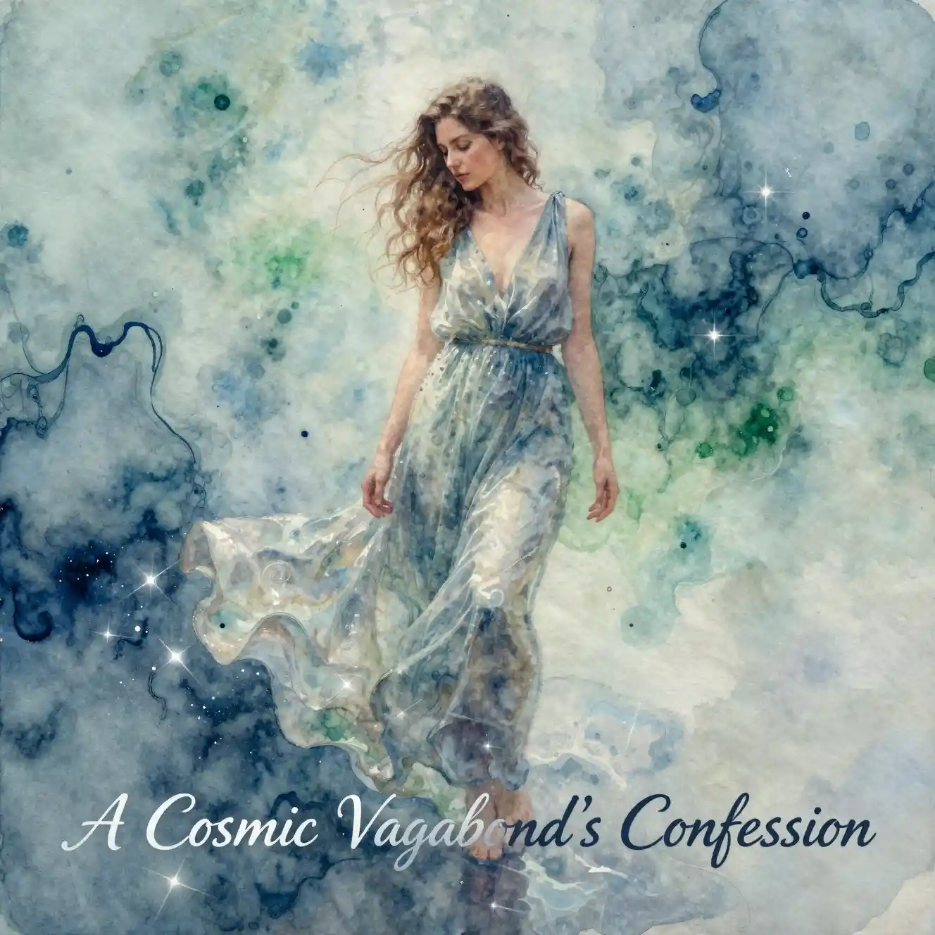 Watercolor girl standing on shimmering cosmic surface