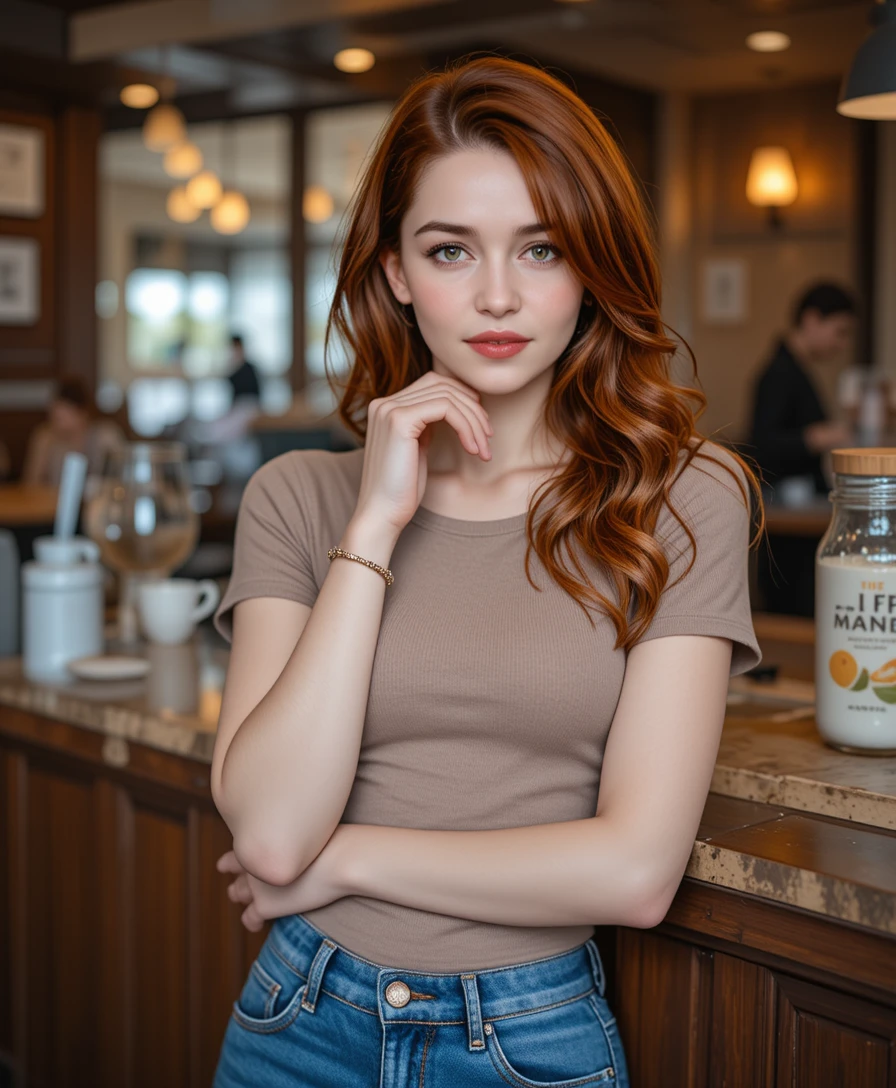 Redhead woman portrait in a modern coffee shop setting