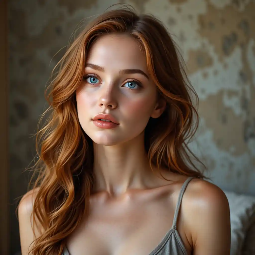 Serene young woman portrait in soft warm indoor light