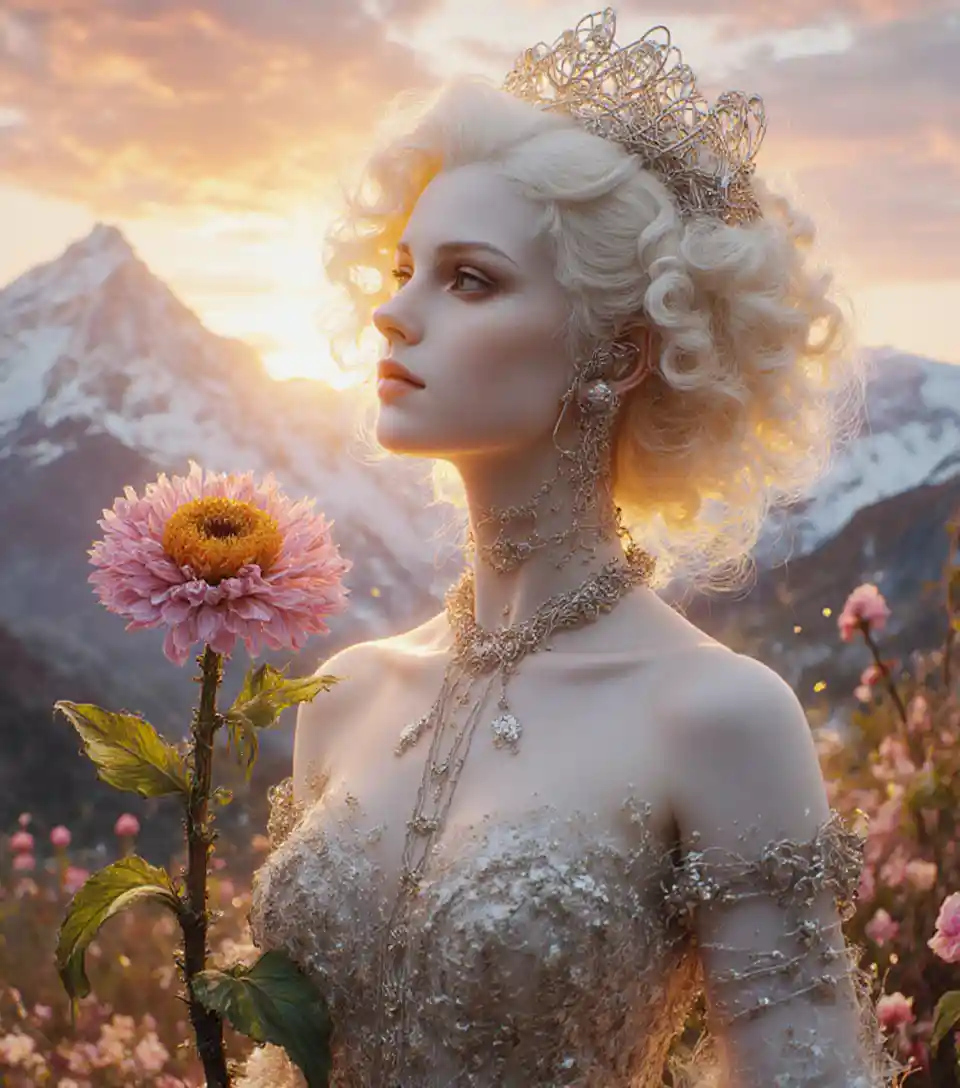 Mulher elegante em vestido de noite diante do nascer do sol na montanha