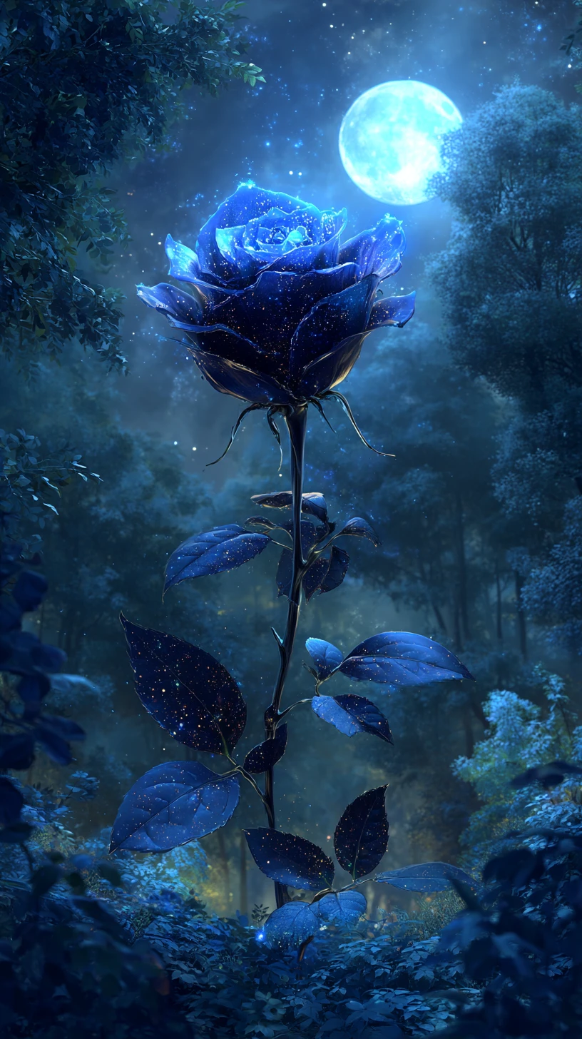 Rosa de vidrio luminosa en un bosque de fantasía a la luz de la luna