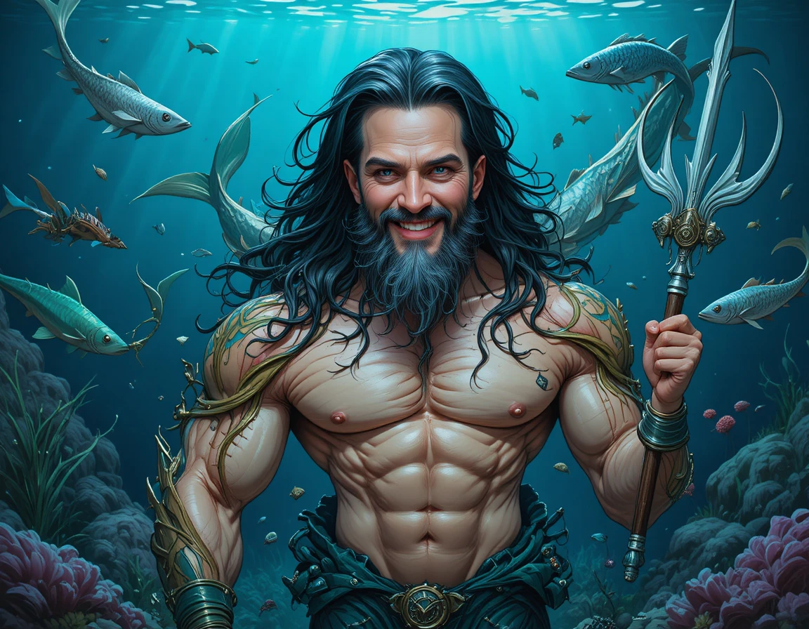 Muscular merman warrior in a dark underwater fantasy scene
