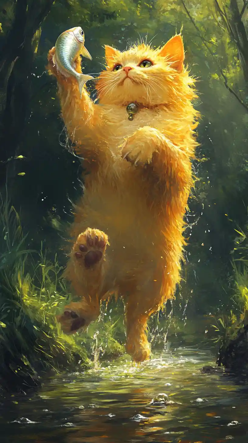 Wet yellow cat with fish on a sunny riverbank