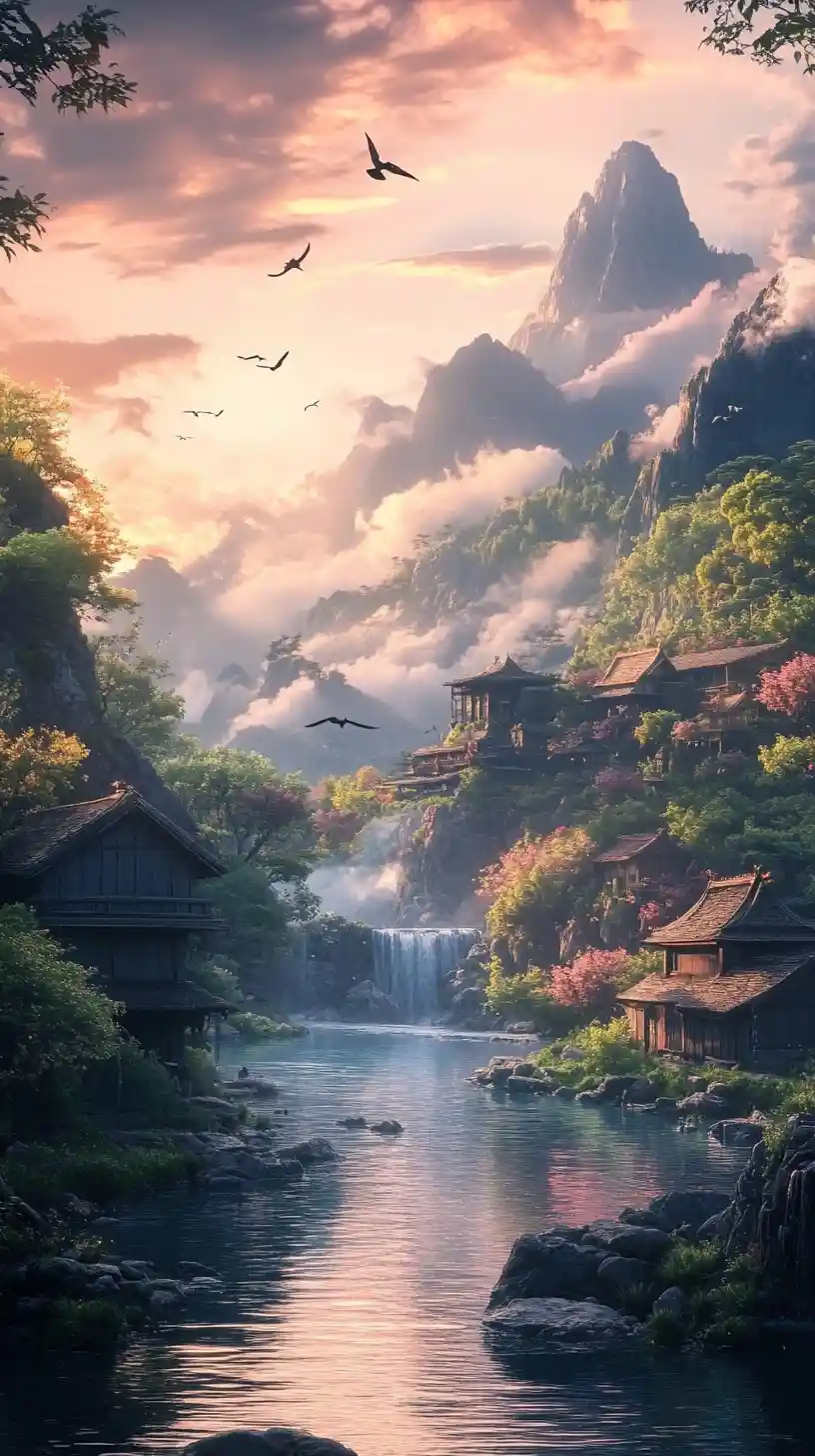 Scène de rivière dans un village de montagne à l’aube avec nuages lumineux