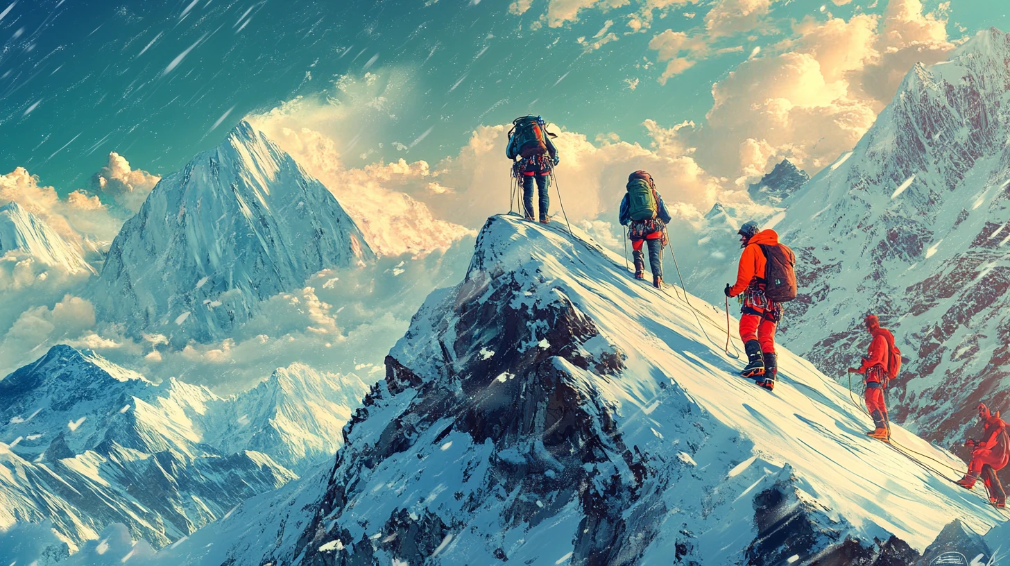 Alpinistes atteignant un sommet enneigé au cœur d’un blizzard violent