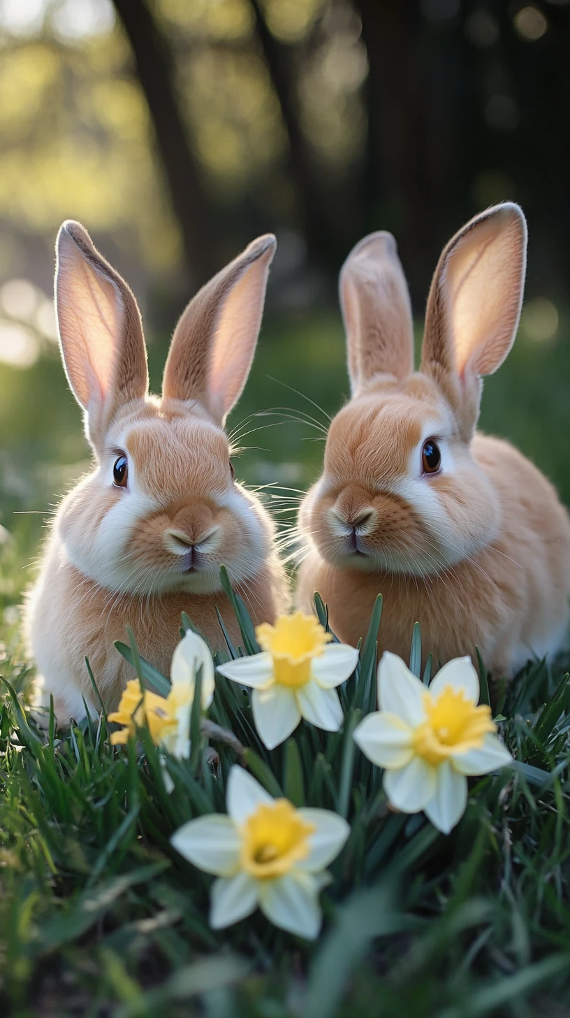 Dois coelhos na grama de primavera com narcisos amarelos