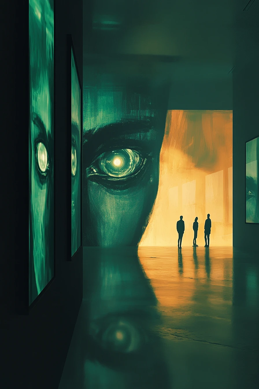 Galería oscura y satírica con pinturas de IA brillantes y sombras