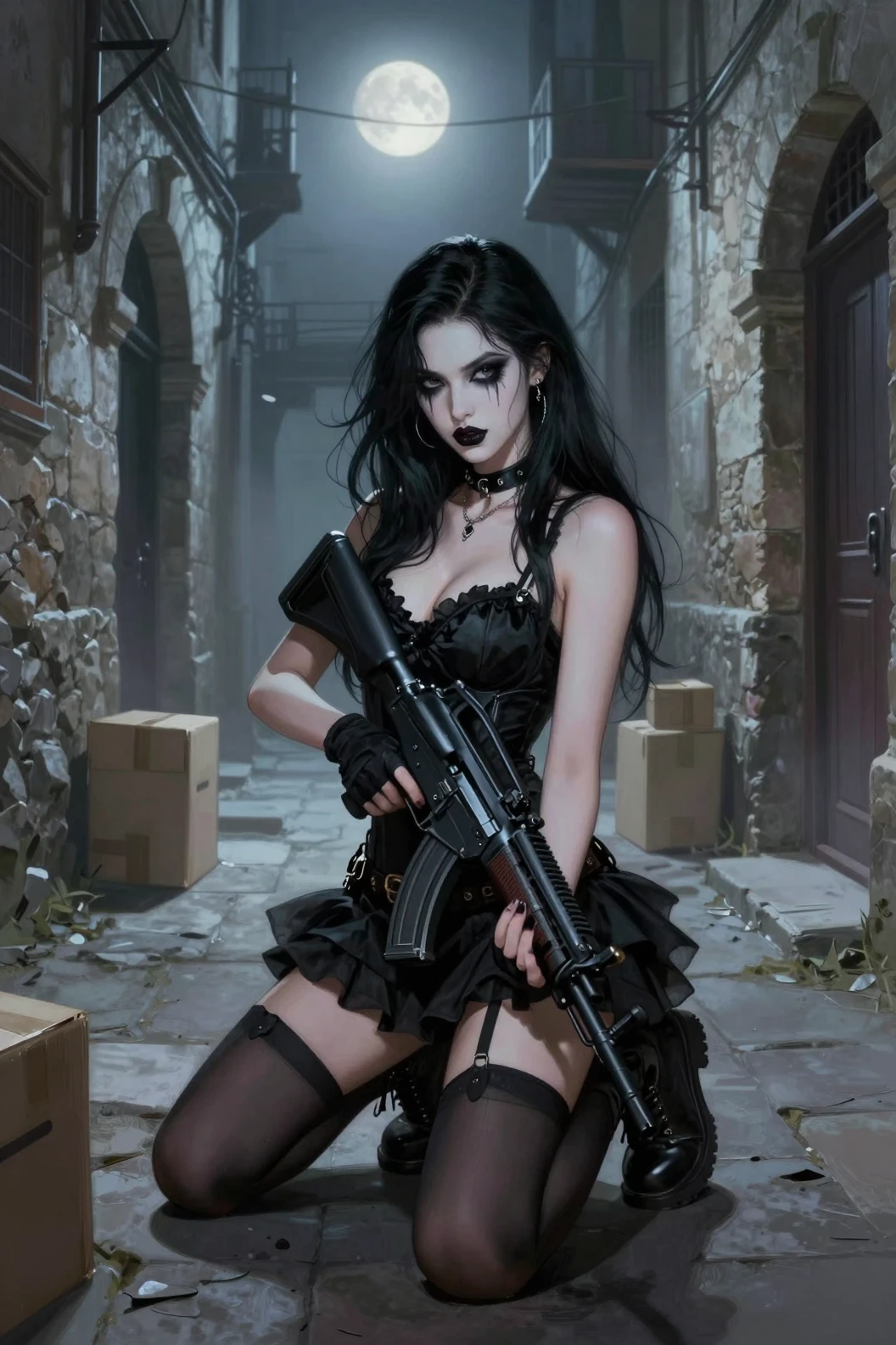 Gothic woman with rifle kneeling in a moonlit alley