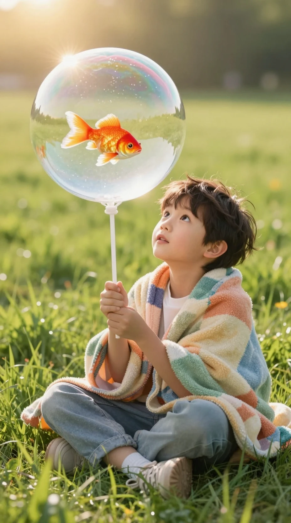 Menino segurando bolha gigante com peixe em campo ensolarado