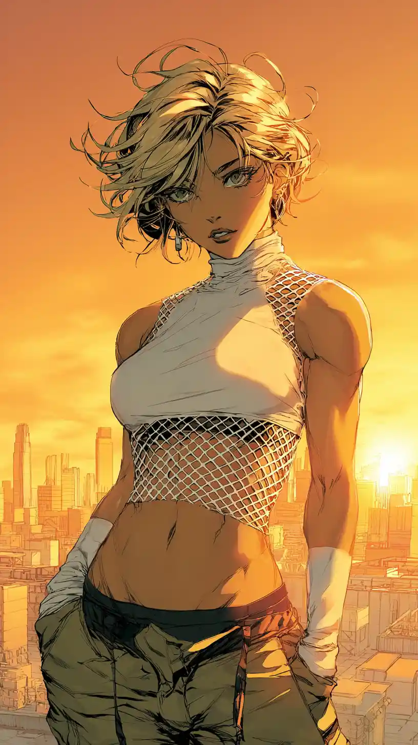Athletic woman posing heroically on a sunlit city rooftop