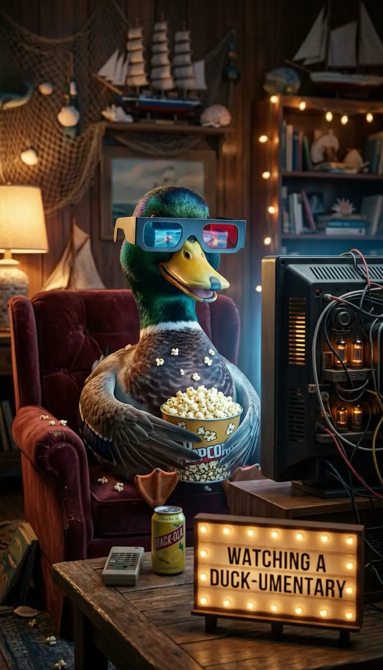 Stockente schaut mit 3D-Brille und Popcorn fern
