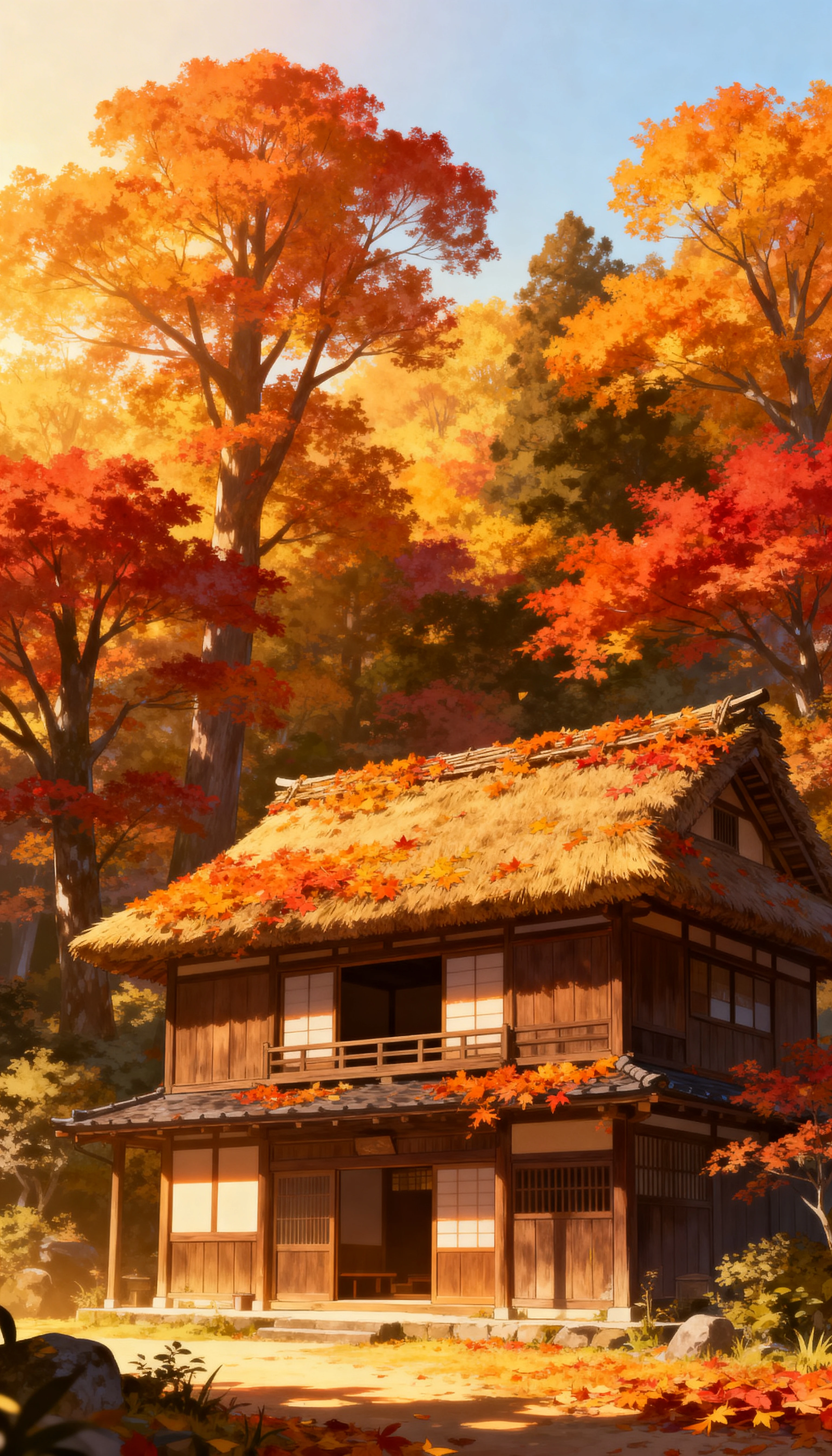 Cena de outono em anime com casa japonesa tradicional de madeira