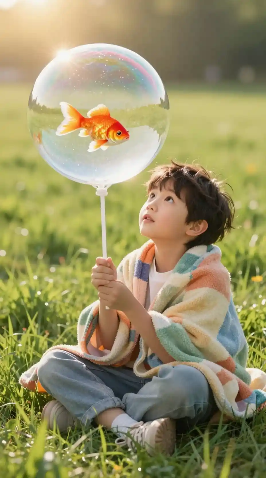 Menino segurando bolha gigante com peixe em campo ensolarado