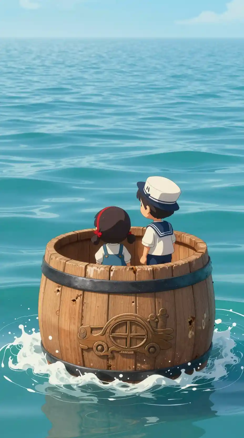 Chibi children peeking from a carved barrel at sea