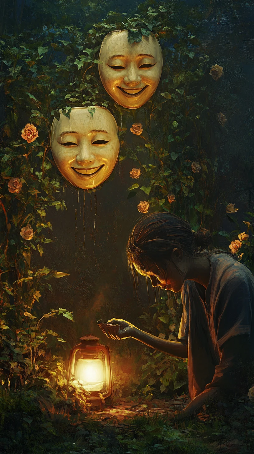 Homem regando plantas mascaradas em um jardim surreal ao anoitecer