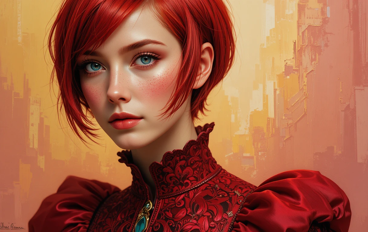 Red haired girl in ornate steampunk Victorian red dress