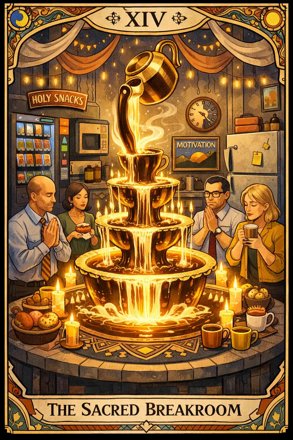 Humorous tarot scene of a sacred break room coffee fountain