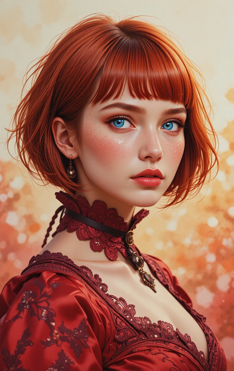 紅髮女孩穿蒸氣龐克維多利亞風緞面禮服的人像