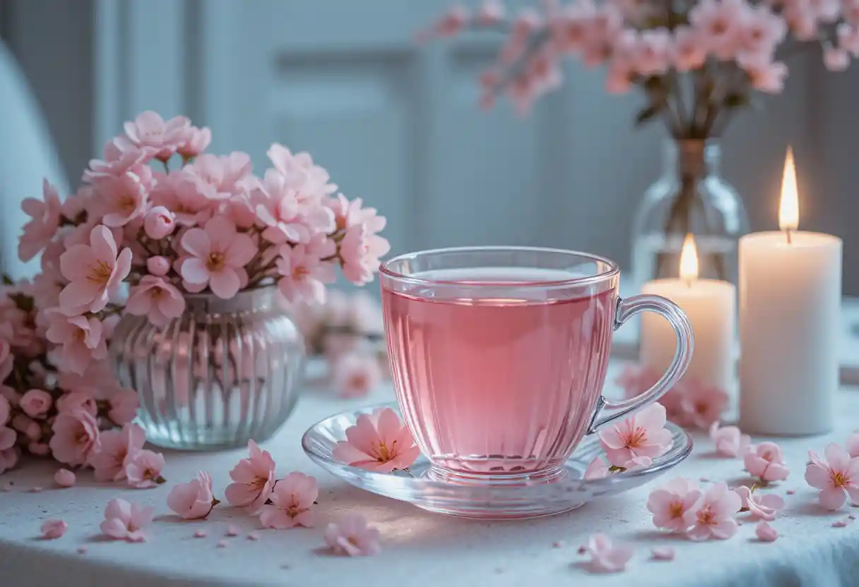 テーブルの上の桜とキャンドルに囲まれたピンクのお茶