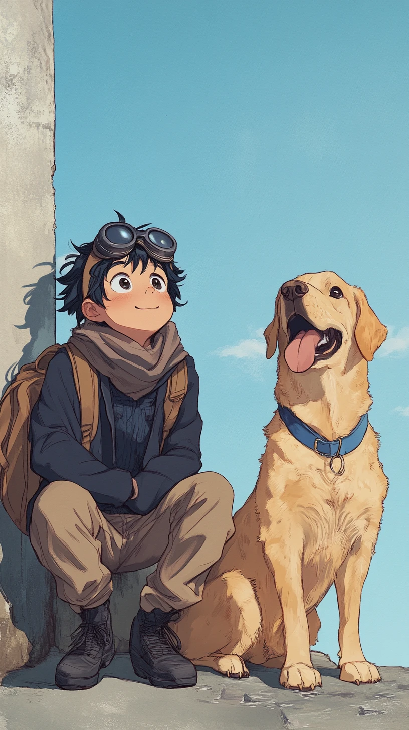 Boy with dog gazing at the open blue sky
