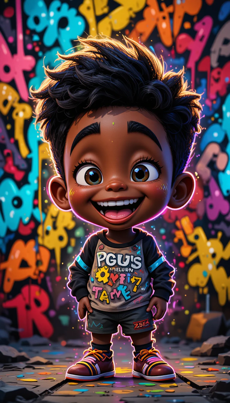 Joyful cartoon boy in bright neon graffiti style