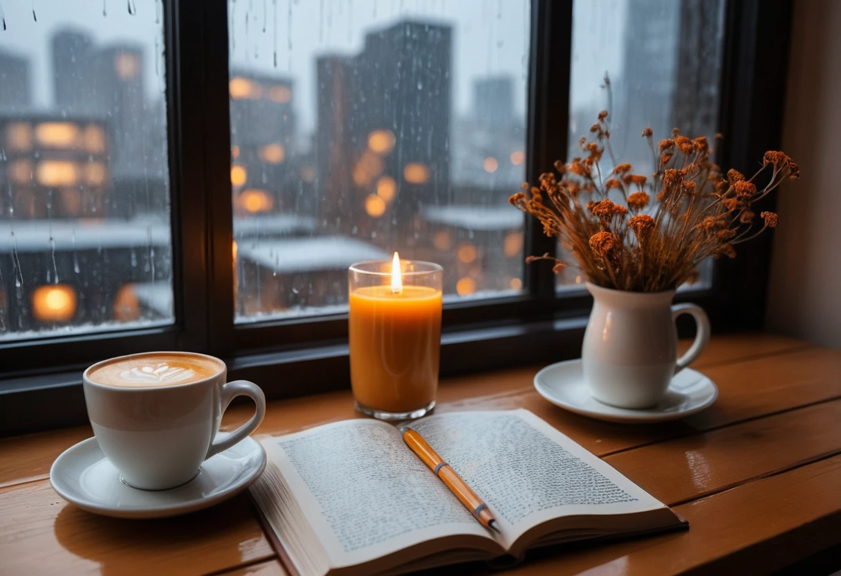 Tasse de café cosy et livre ouvert près d’une fenêtre sous la pluie