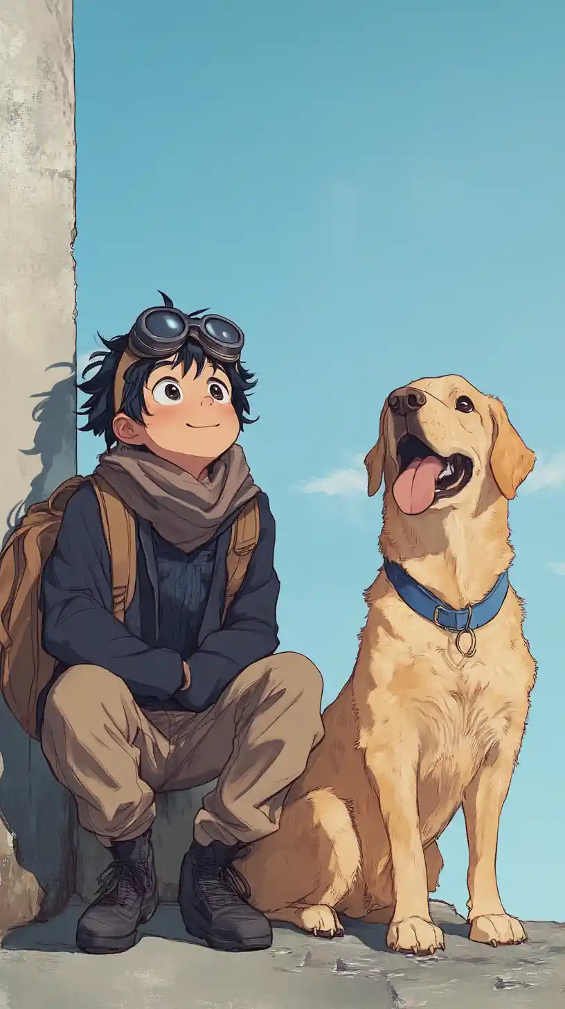 Ragazzo con cane che osserva il cielo azzurro aperto