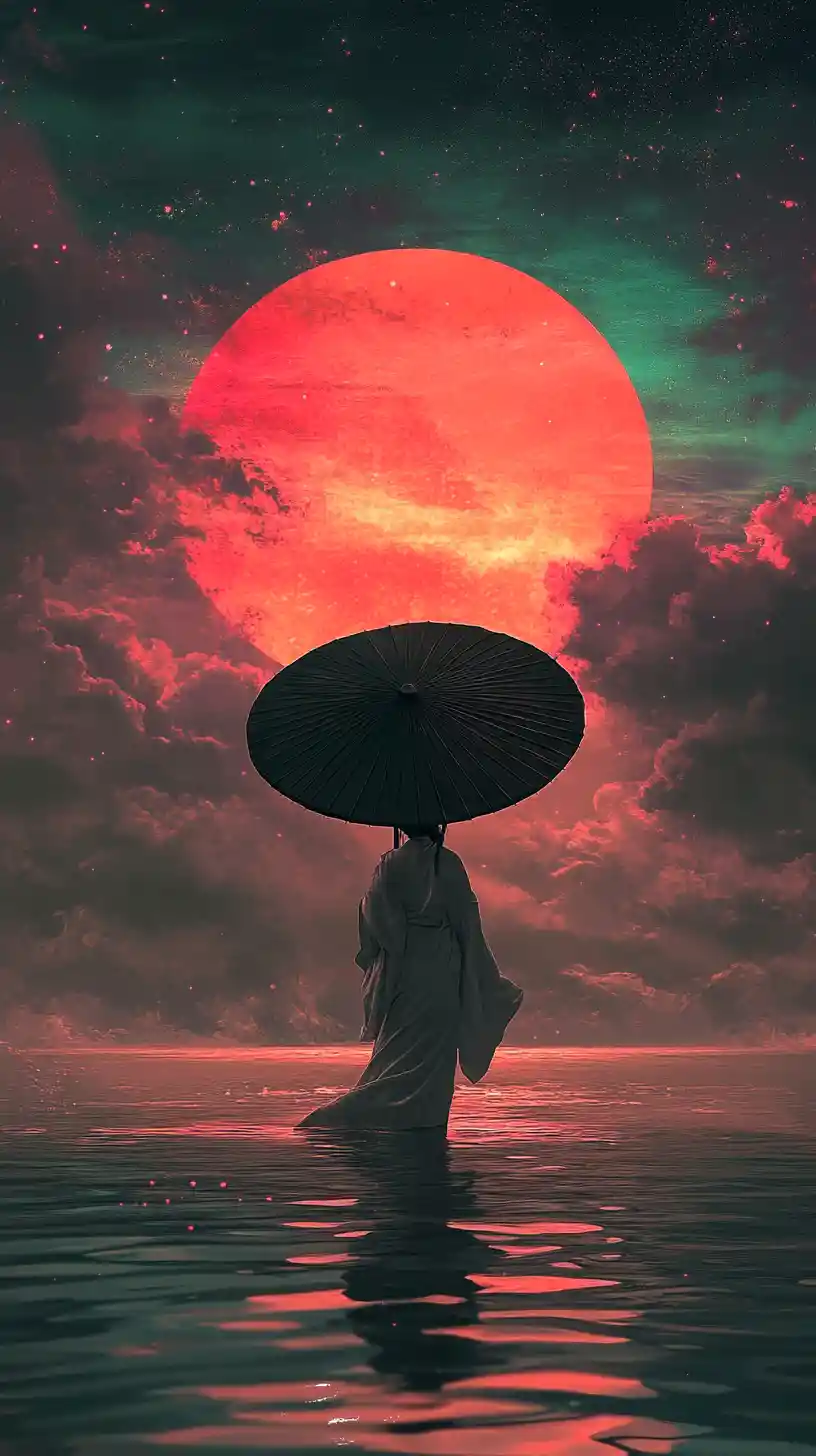 Woman in hanfu with parasol before a vast purple sun