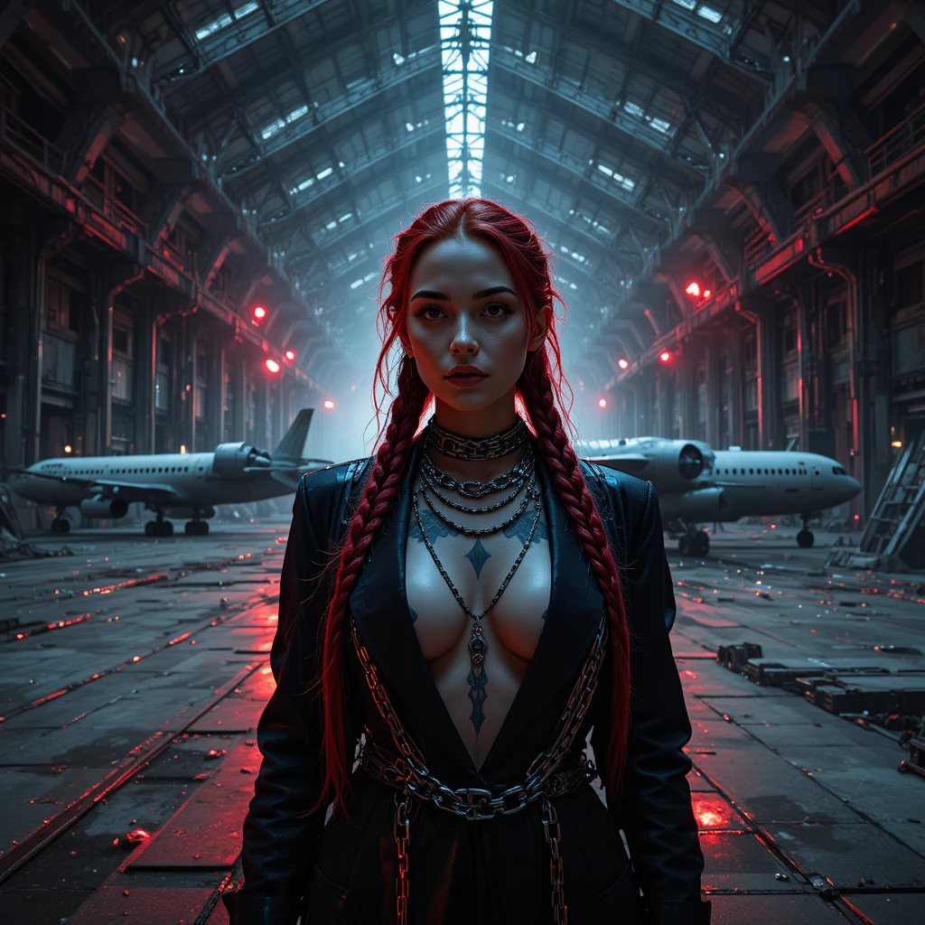 Cyberpunk woman in glowing coat inside aircraft hangar