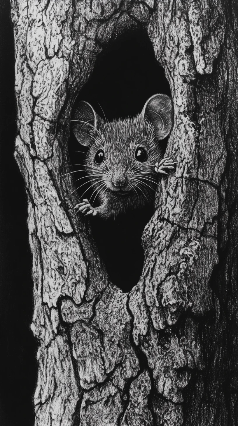 Ratinho curioso espiando de um buraco na árvore