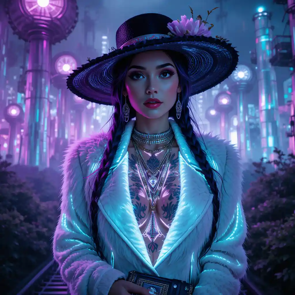 Cinematic cyberpunk woman in white jacket with neon tattoos