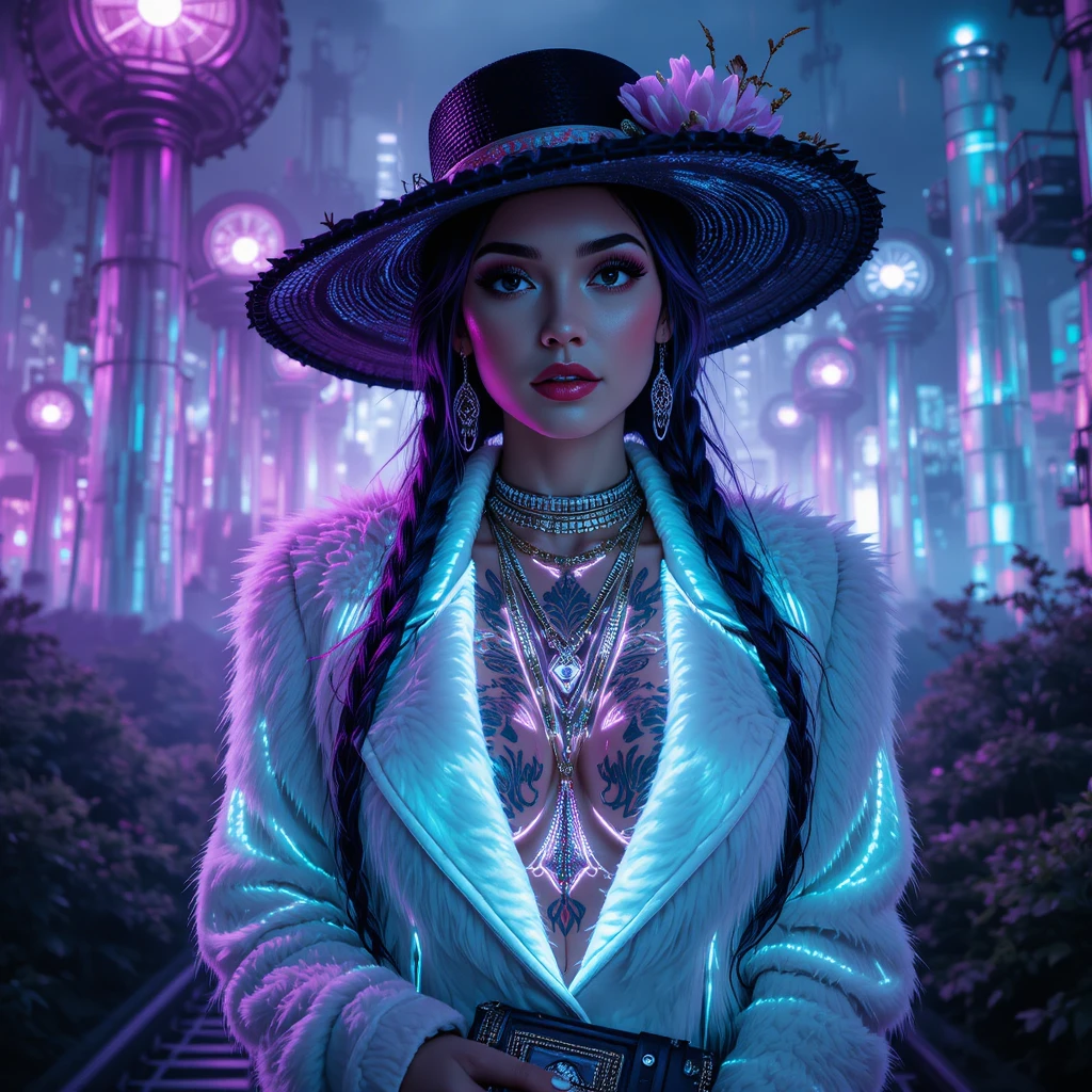 Cinematic cyberpunk woman in white jacket with neon tattoos