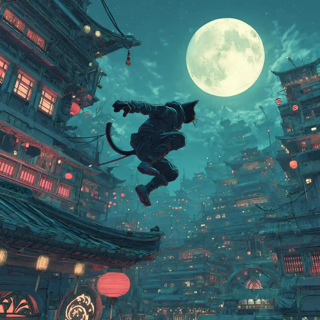 Gatto ninja antropomorfo che salta tra tetti futuristici