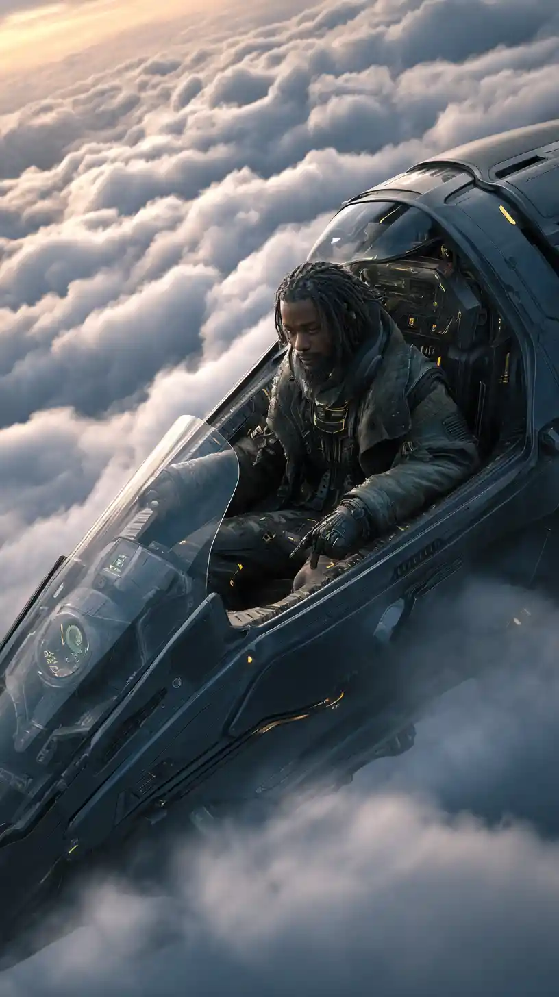 Afrofuturistischer Assassine steuert ein Tarnschiff durch die Wolken