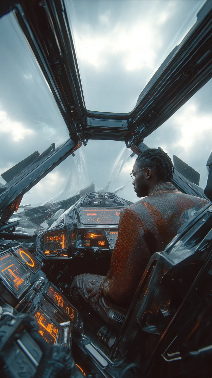 Assassino afrofuturista pilotando a cabine de uma nave furtiva
