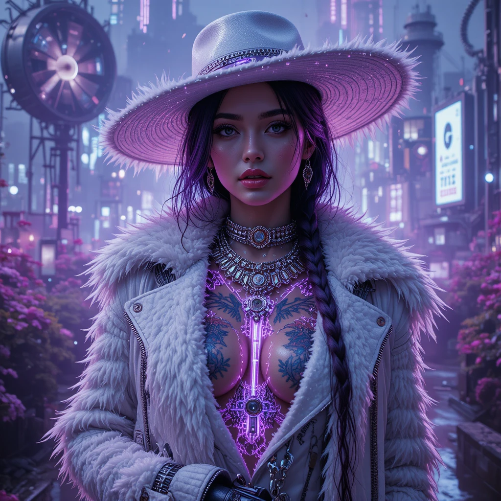 Femme cyberpunk enjouée en veste blanche et chapeau de jour de course