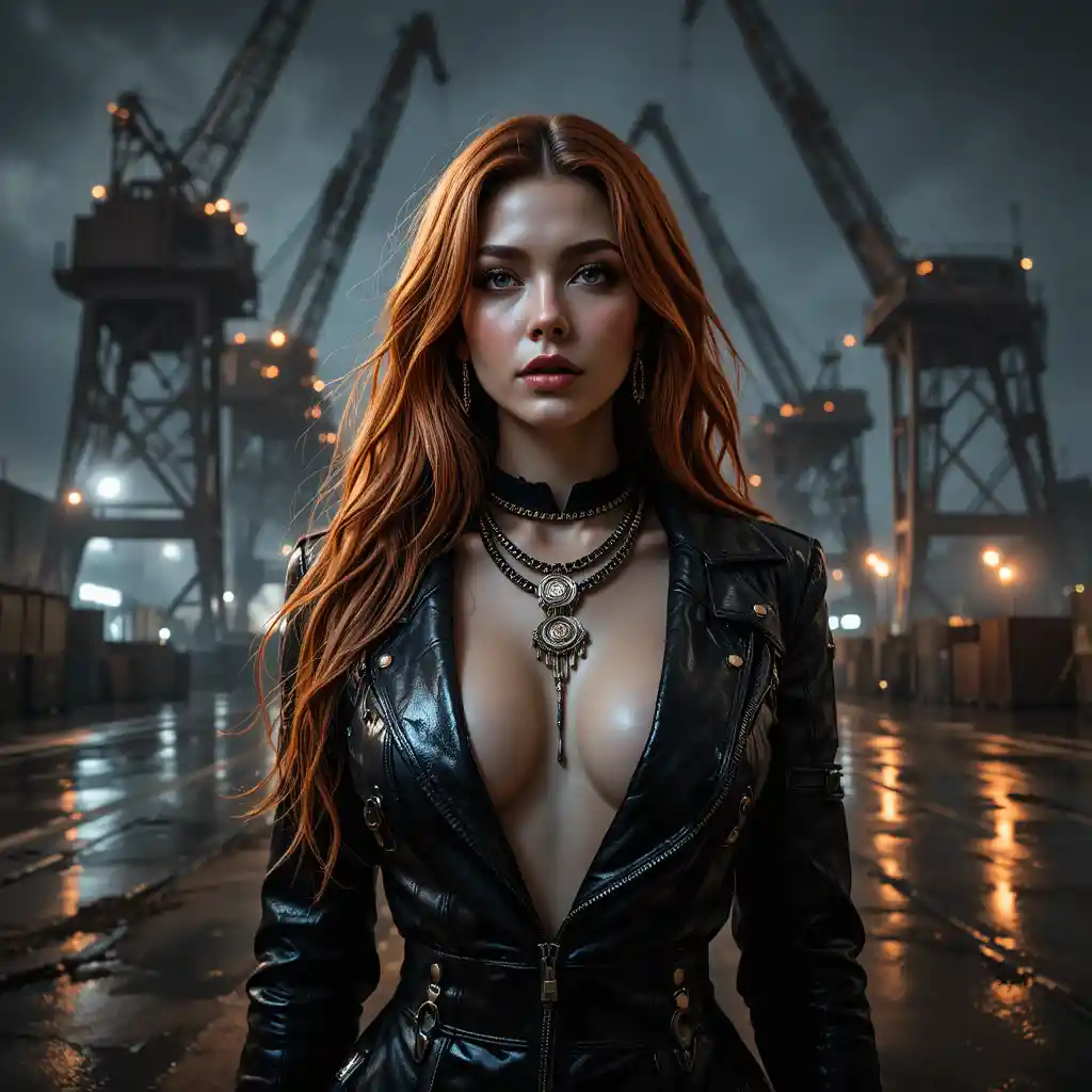 Cyber noir portrait of a woman in a rainy spaceport