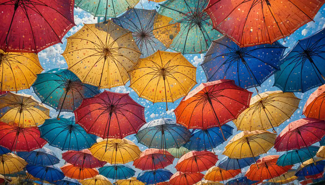 Ombrelloni colorati visti dal basso in stile puntinista a mosaico