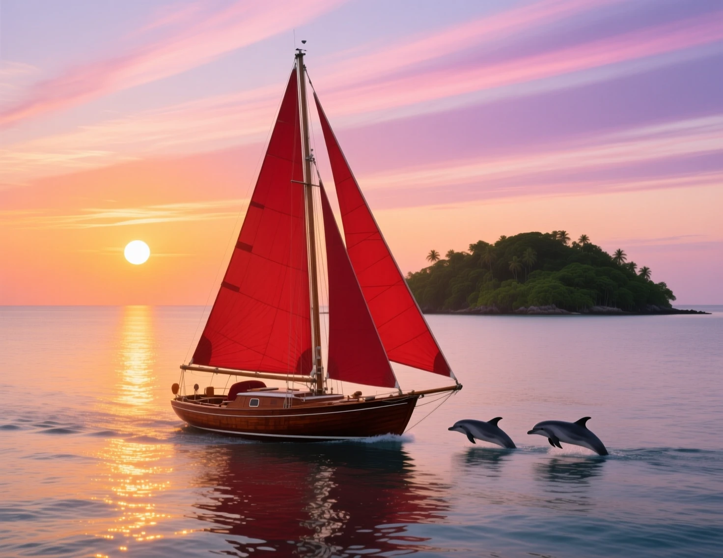Boot mit roten Segeln im Sonnenaufgang nahe einer fernen Insel