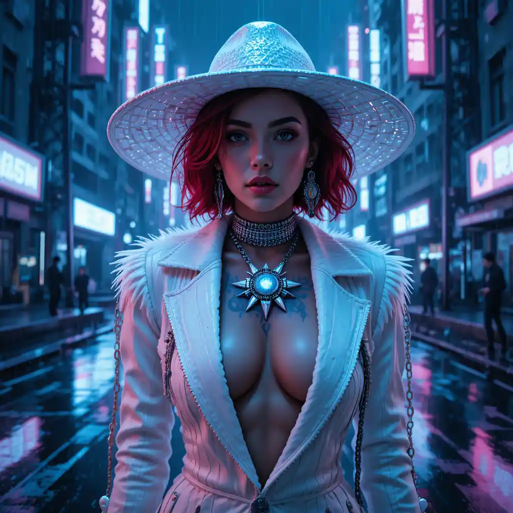 Confident sci fi woman in atompunk jacket and hat