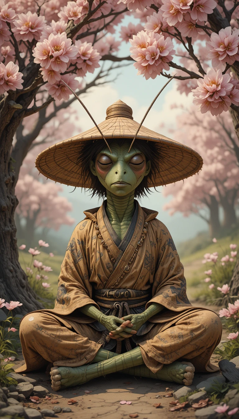 櫻花樹下打坐冥想的螳螂浪人