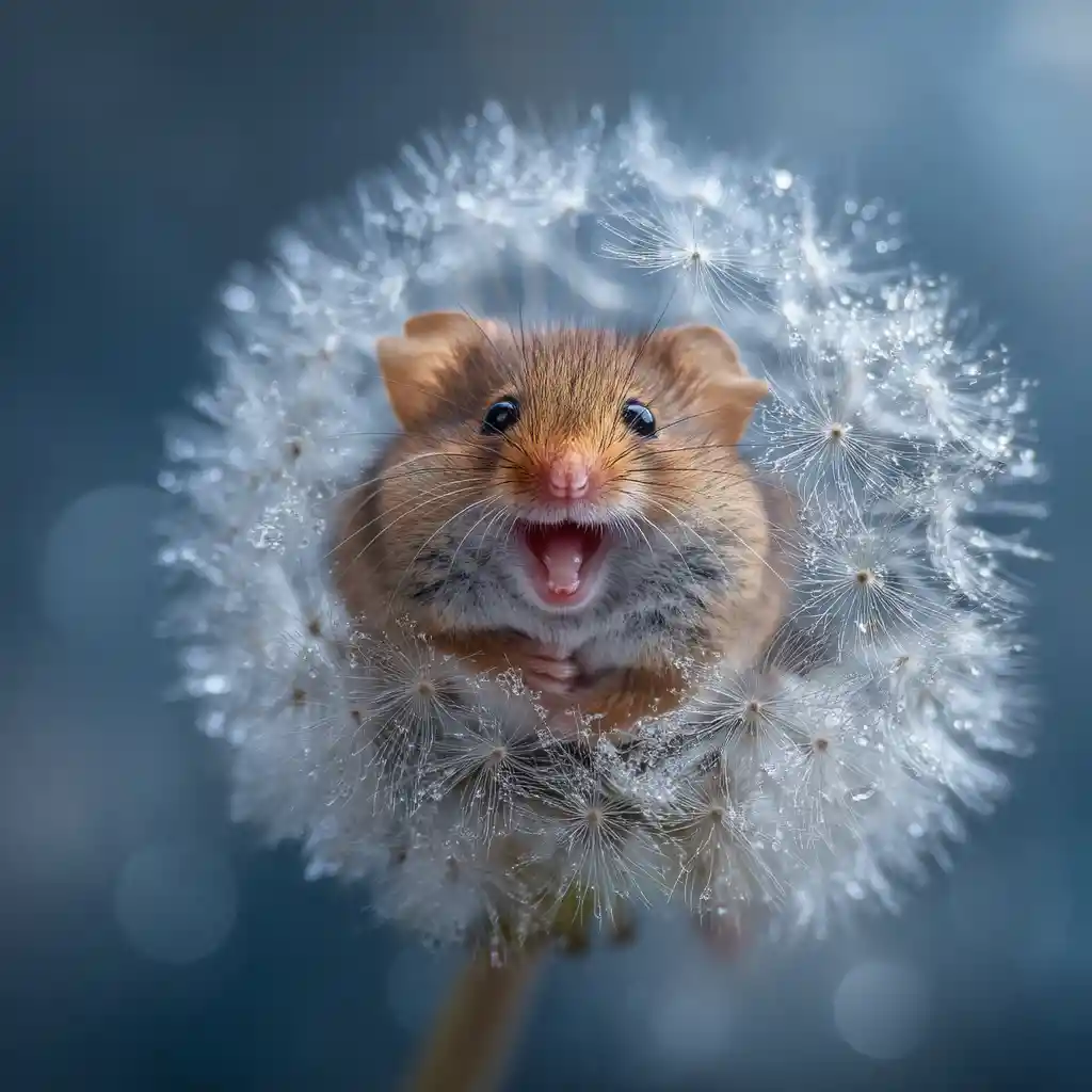 Laughing mouse nestled inside a delicate blowball flower